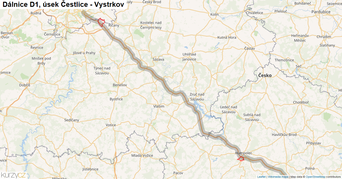 Úsek Čestlice - Vystrkov, Dálnice D1 - Mapa