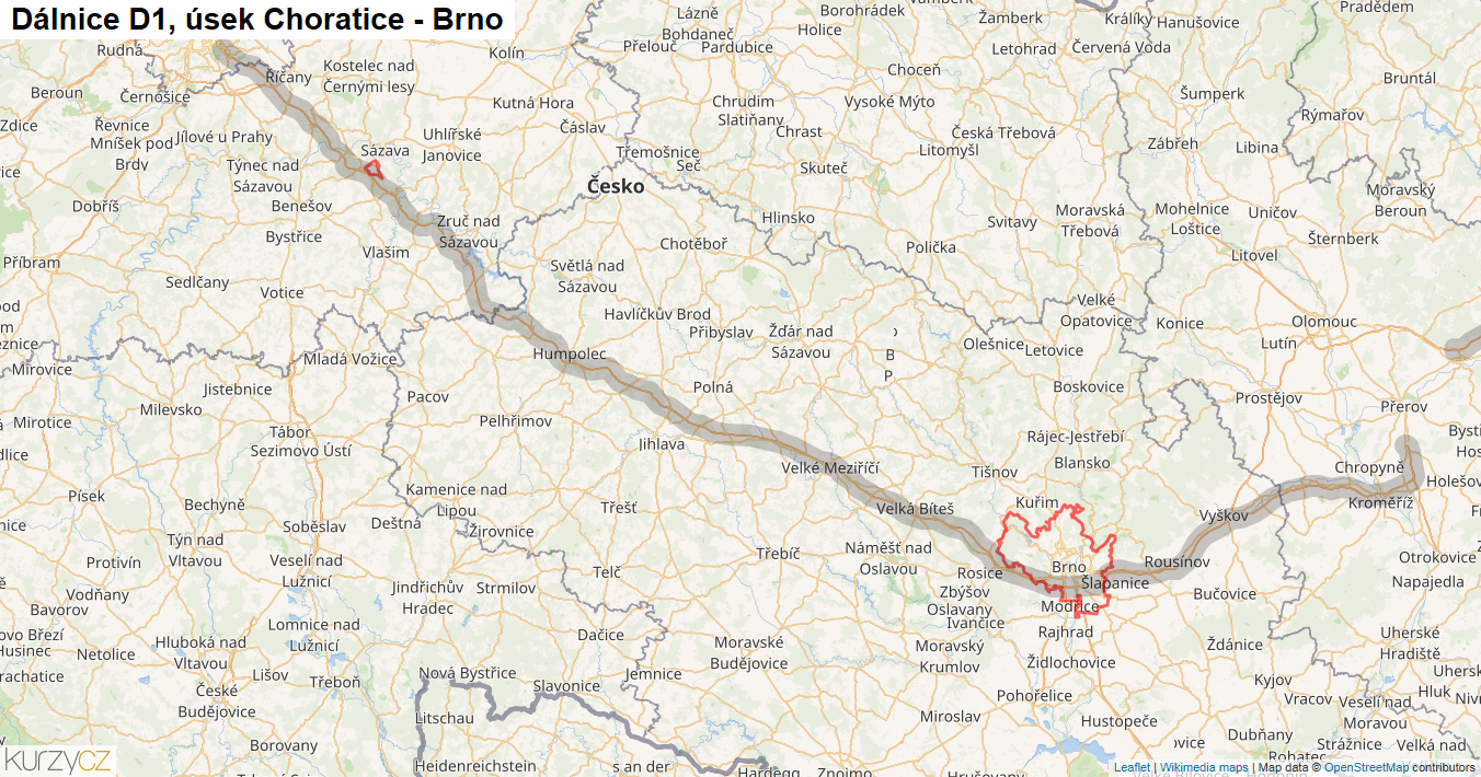 Úsek Choratice - Brno, Dálnice D1 - Mapa