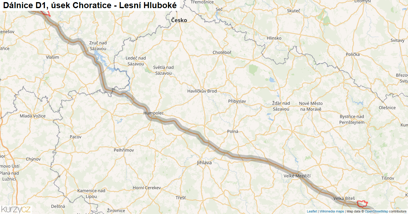 Úsek Choratice - Lesní Hluboké, Dálnice D1 - Mapa