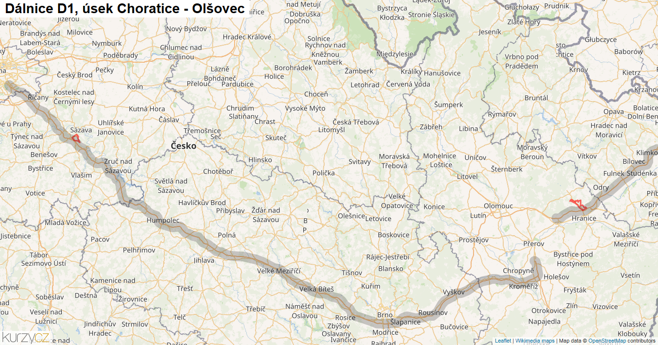 Úsek Choratice - Olšovec, Dálnice D1 - Mapa