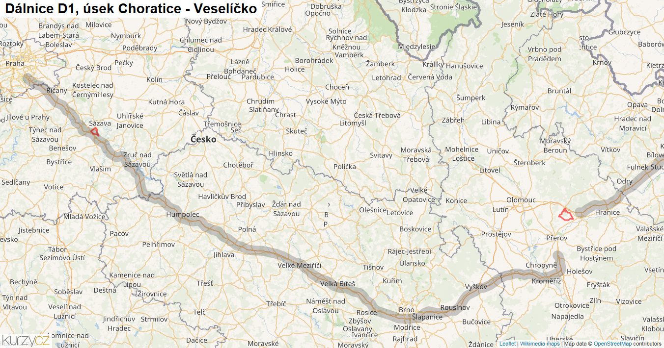 Úsek Choratice - Veselíčko, Dálnice D1 - Mapa