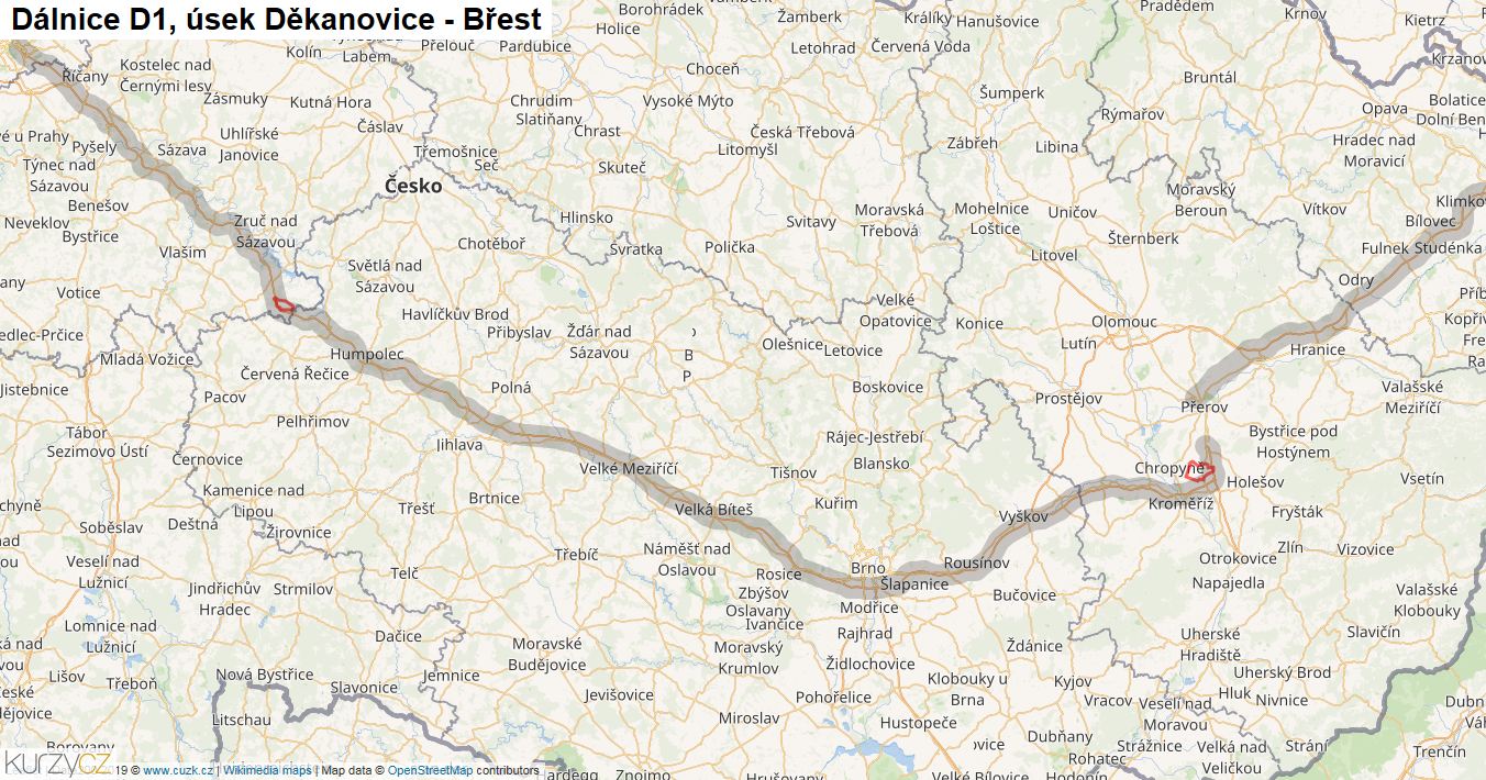 Úsek Děkanovice - Břest, Dálnice D1 - Mapa