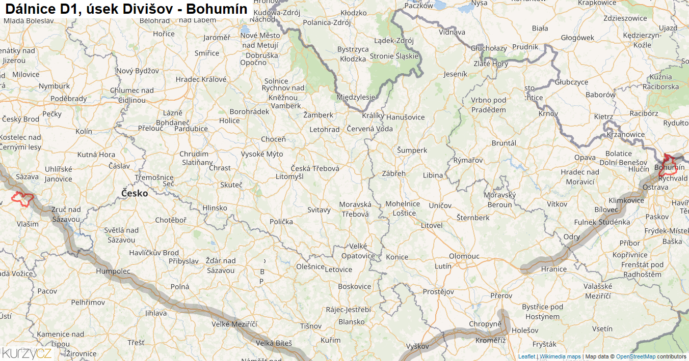 Úsek Divišov - Bohumín, Dálnice D1 - Mapa