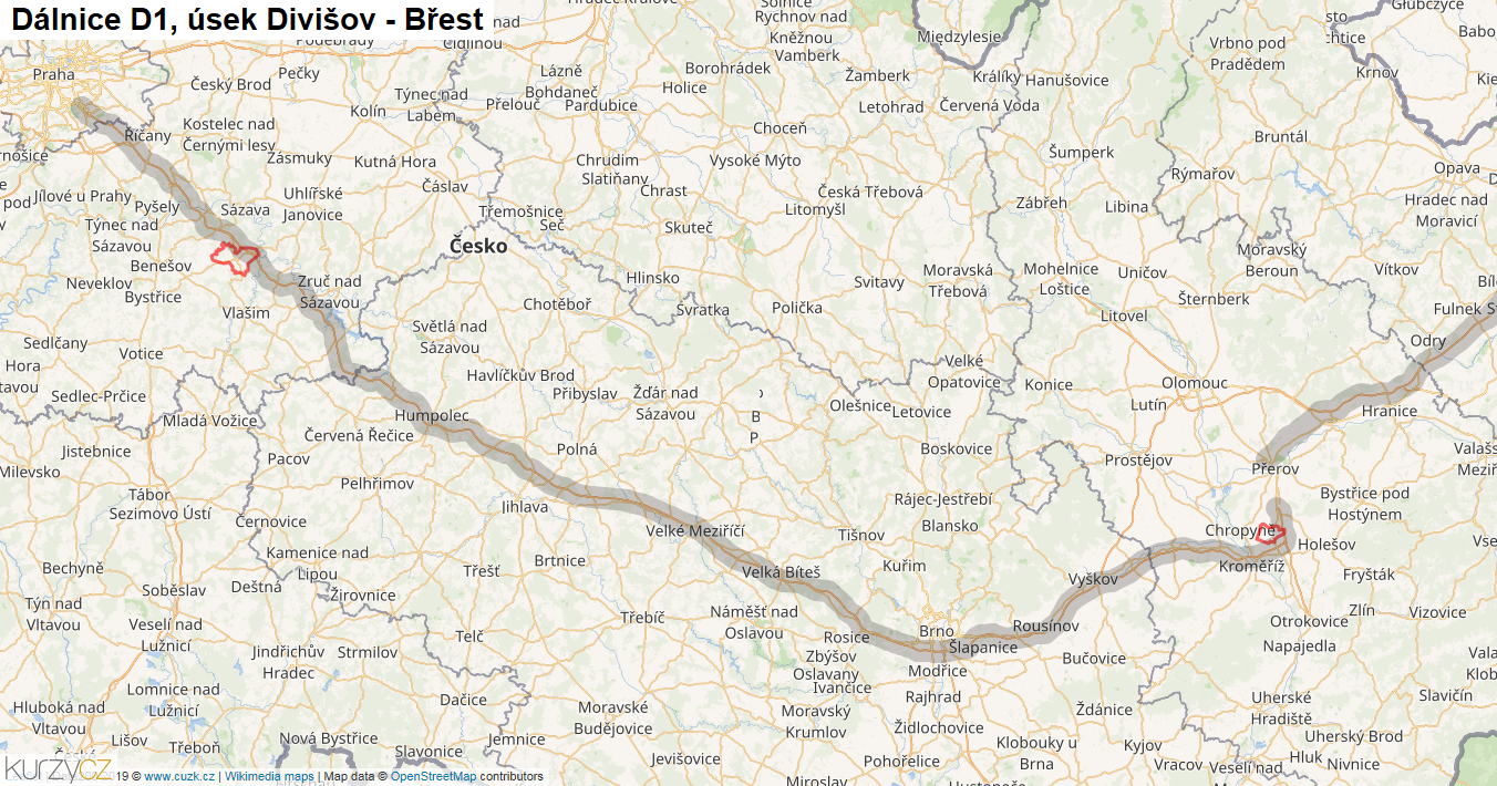 Úsek Divišov - Břest, Dálnice D1 - Mapa