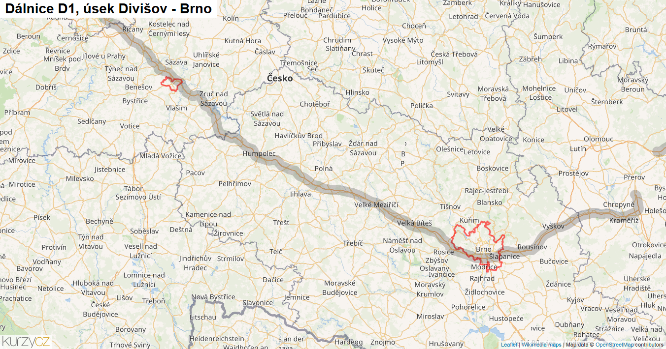 Úsek Divišov - Brno, Dálnice D1 - Mapa