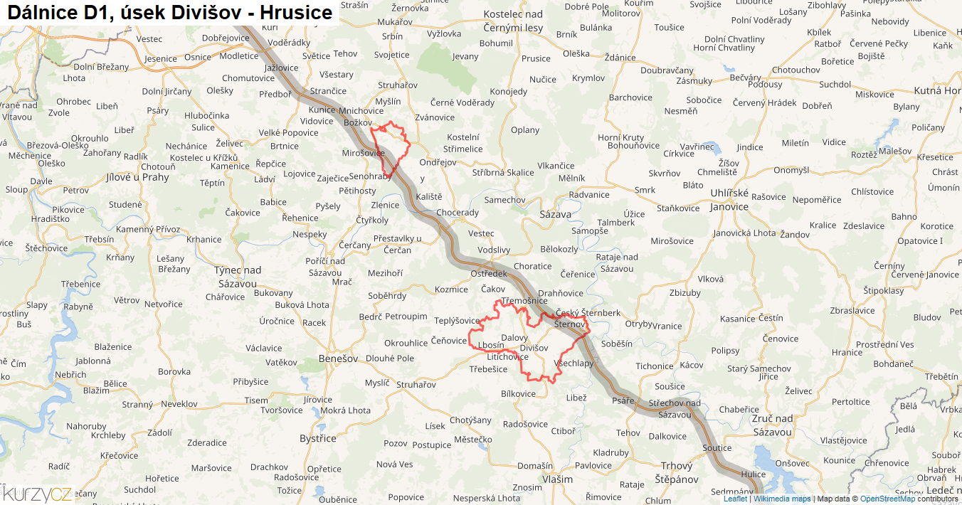 Úsek Divišov - Hrusice, Dálnice D1 - Mapa