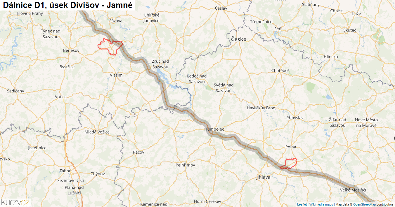 Úsek Divišov - Jamné, Dálnice D1 - Mapa