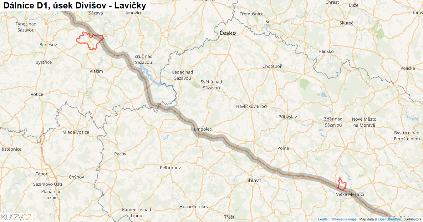 Úsek Divišov - Lavičky, Dálnice D1 - Mapa