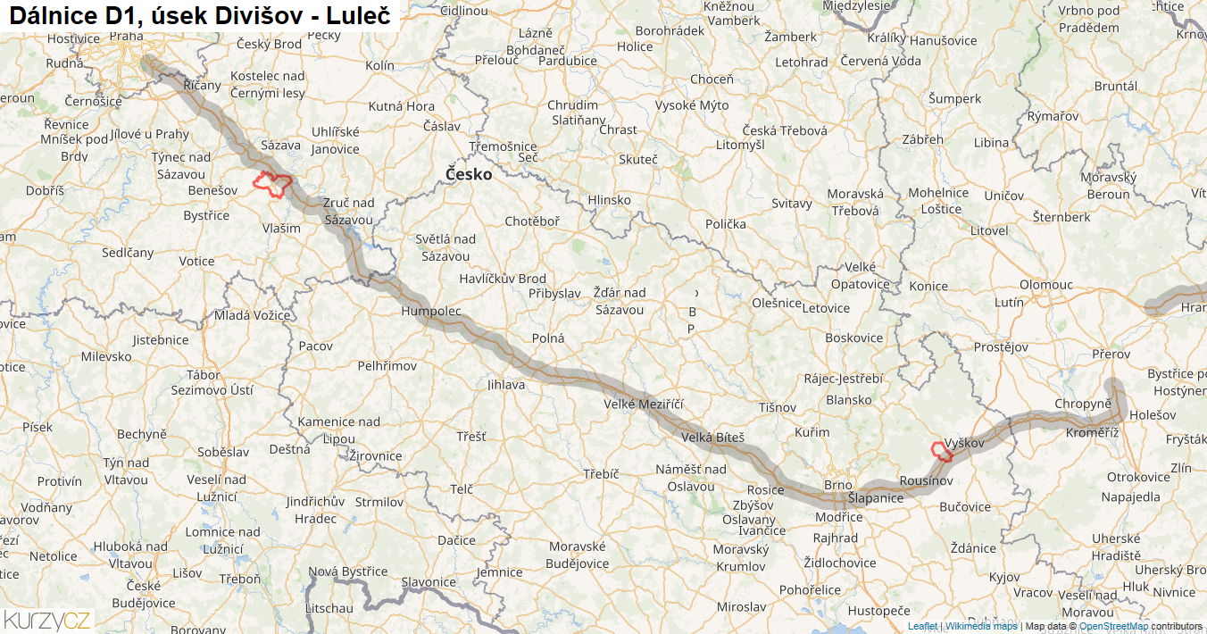 Úsek Divišov - Luleč, Dálnice D1 - Mapa