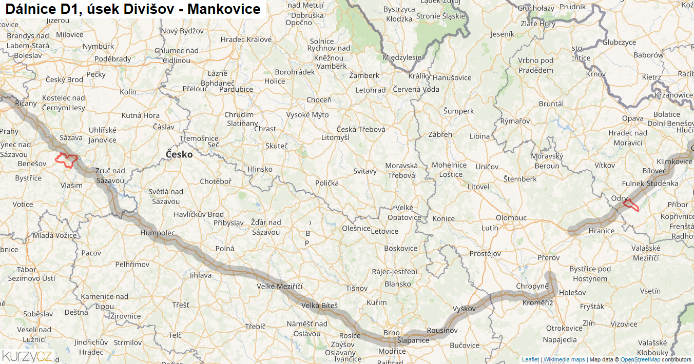Úsek Divišov - Mankovice, Dálnice D1 - Mapa