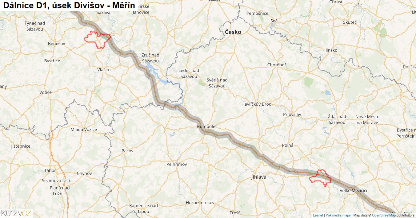 Úsek Divišov - Měřín, Dálnice D1 - Mapa