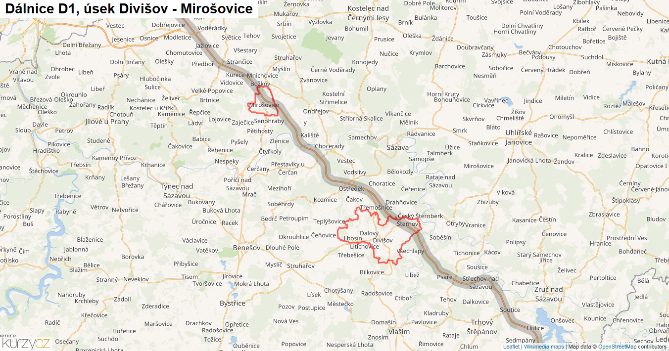 Úsek Divišov - Mirošovice, Dálnice D1 - Mapa