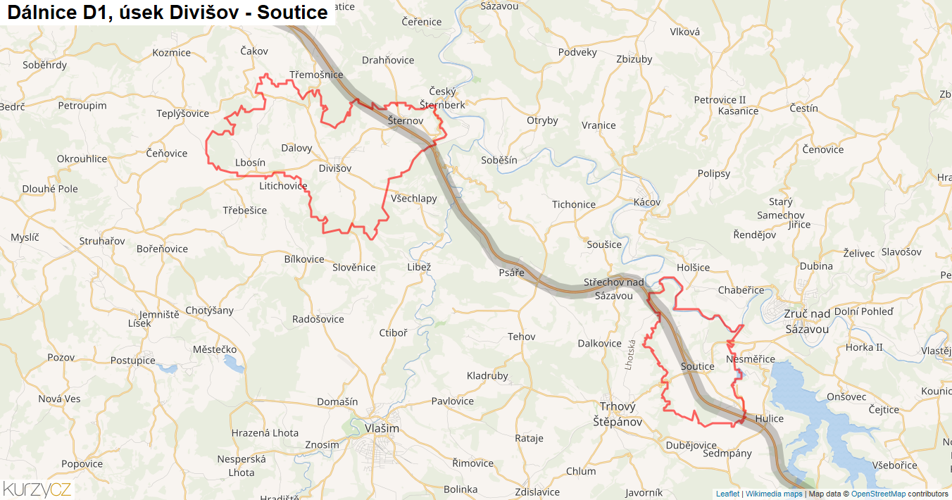 Úsek Divišov - Soutice, Dálnice D1 - Mapa