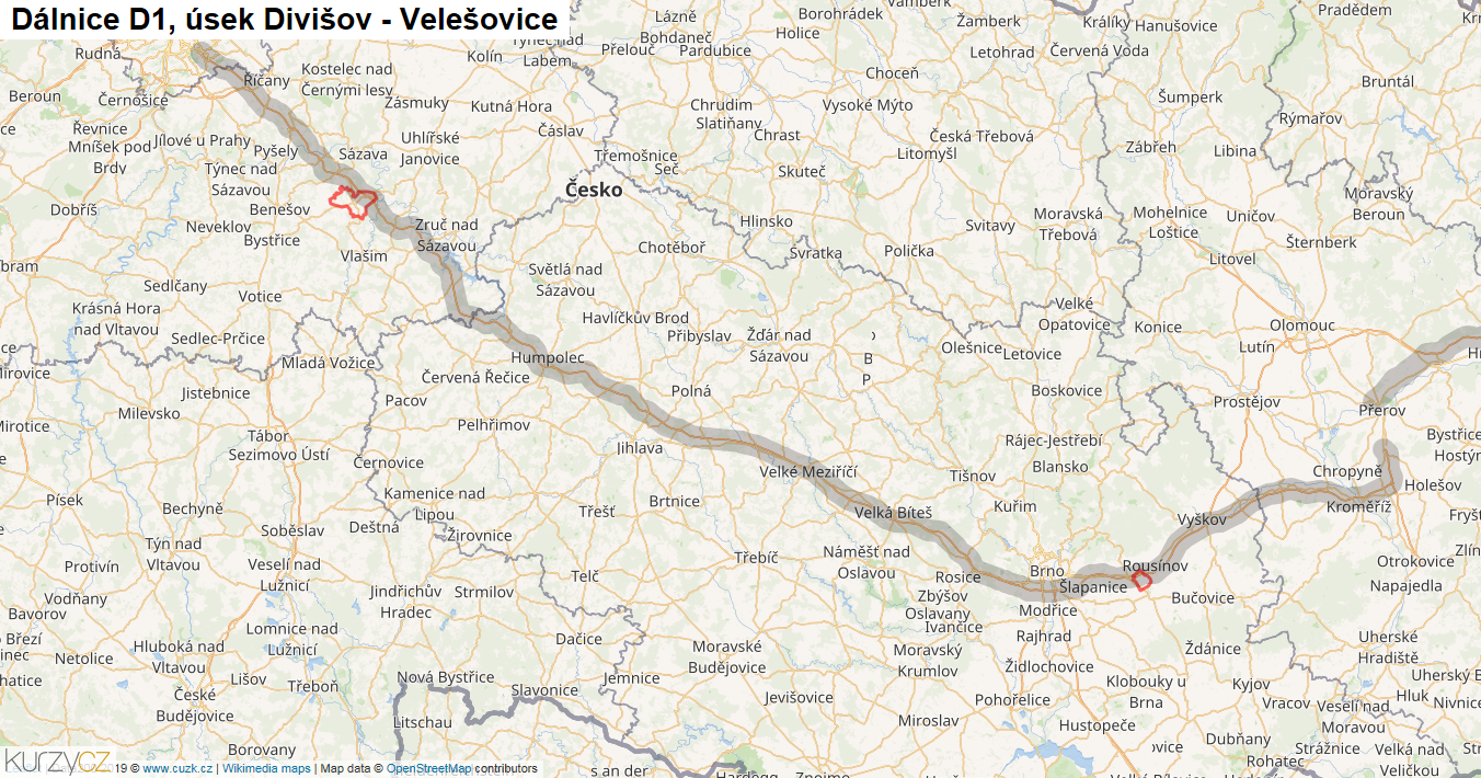 Úsek Divišov - Velešovice, Dálnice D1 - Mapa