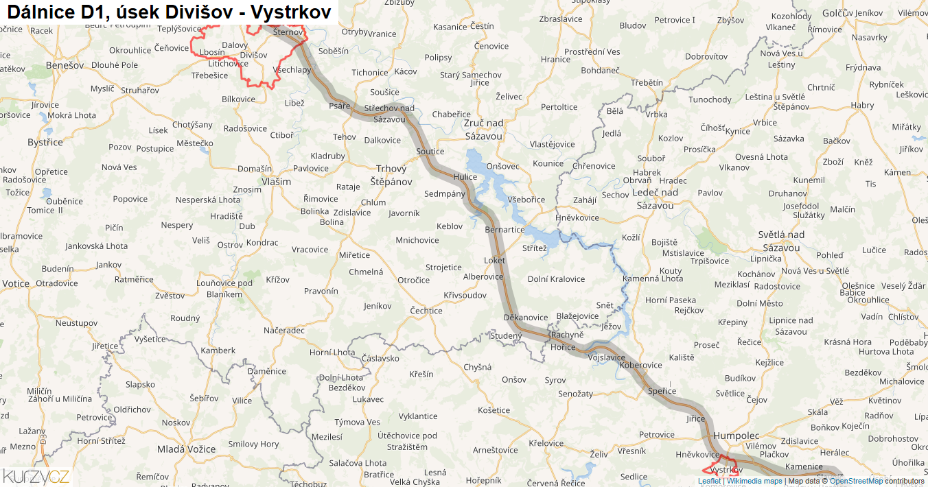 Úsek Divišov - Vystrkov, Dálnice D1 - Mapa