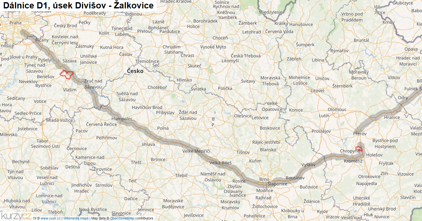 Úsek Divišov - Žalkovice, Dálnice D1 - Mapa
