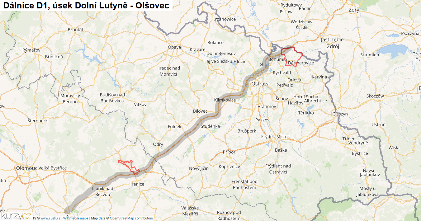 Úsek Dolní Lutyně - Olšovec, Dálnice D1 - Mapa