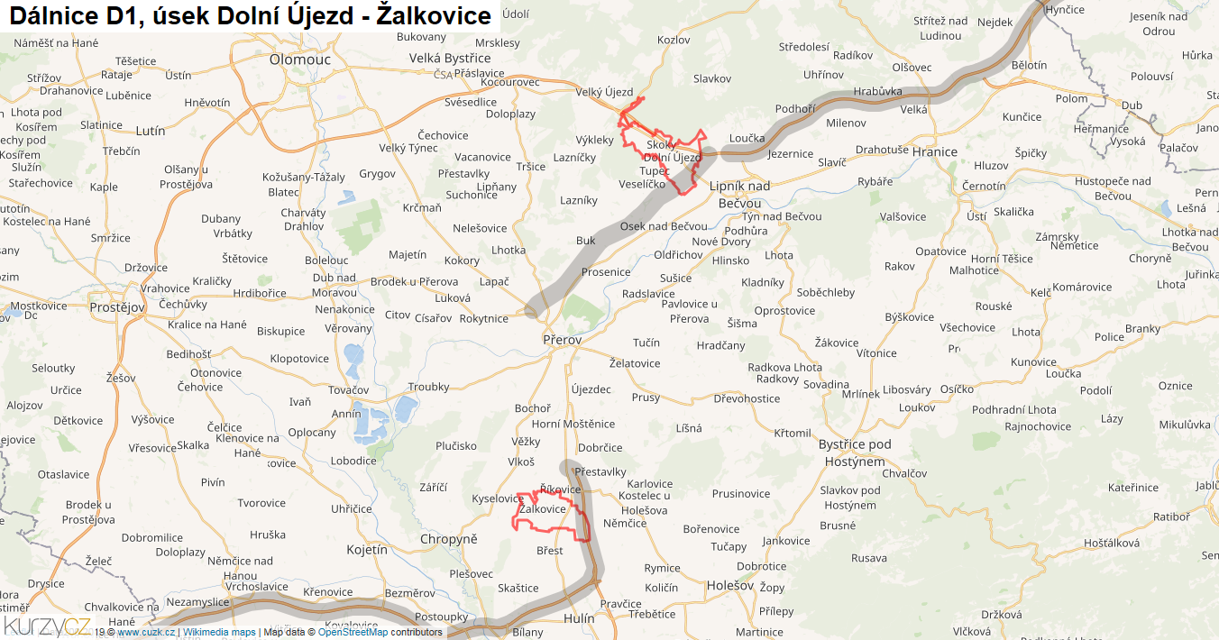 Úsek Dolní Újezd - Žalkovice, Dálnice D1 - Mapa