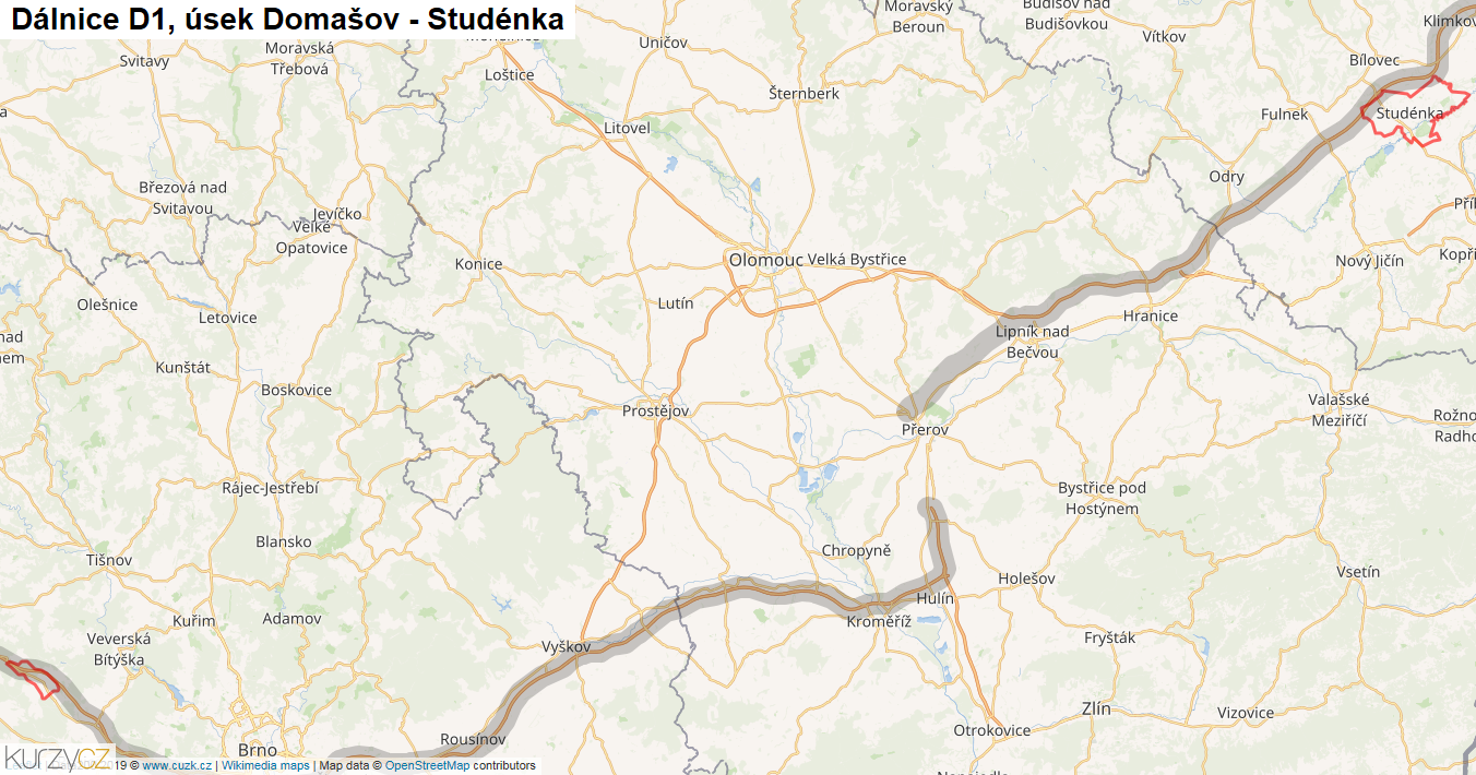 Úsek Domašov - Studénka, Dálnice D1 - Mapa