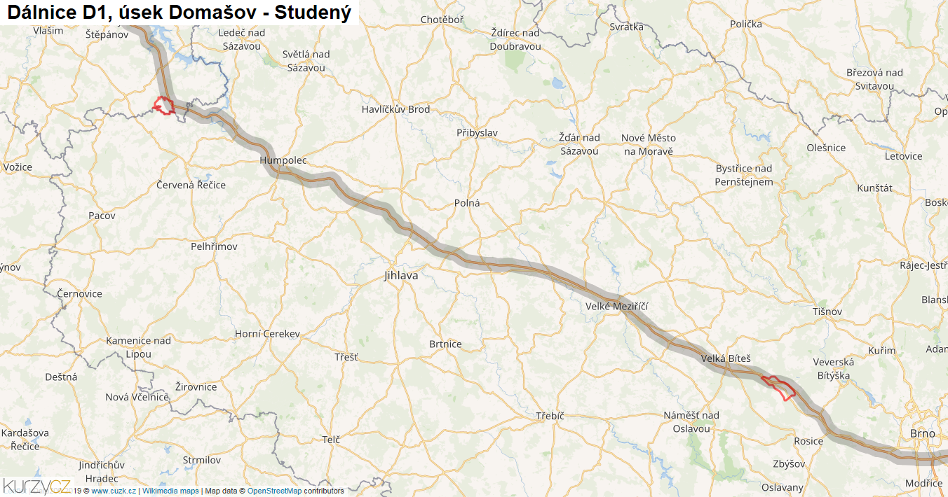 Úsek Domašov - Studený, Dálnice D1 - Mapa