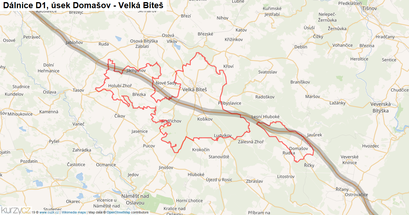 Úsek Domašov - Velká Bíteš, Dálnice D1 - Mapa