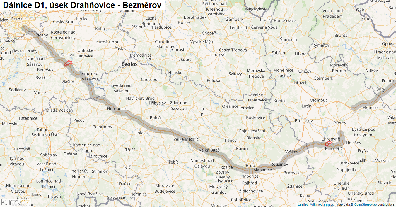 Úsek Drahňovice - Bezměrov, Dálnice D1 - Mapa