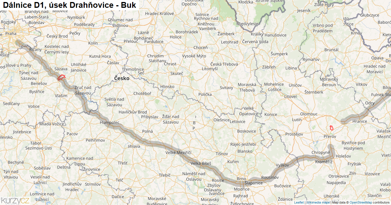 Úsek Drahňovice - Buk, Dálnice D1 - Mapa