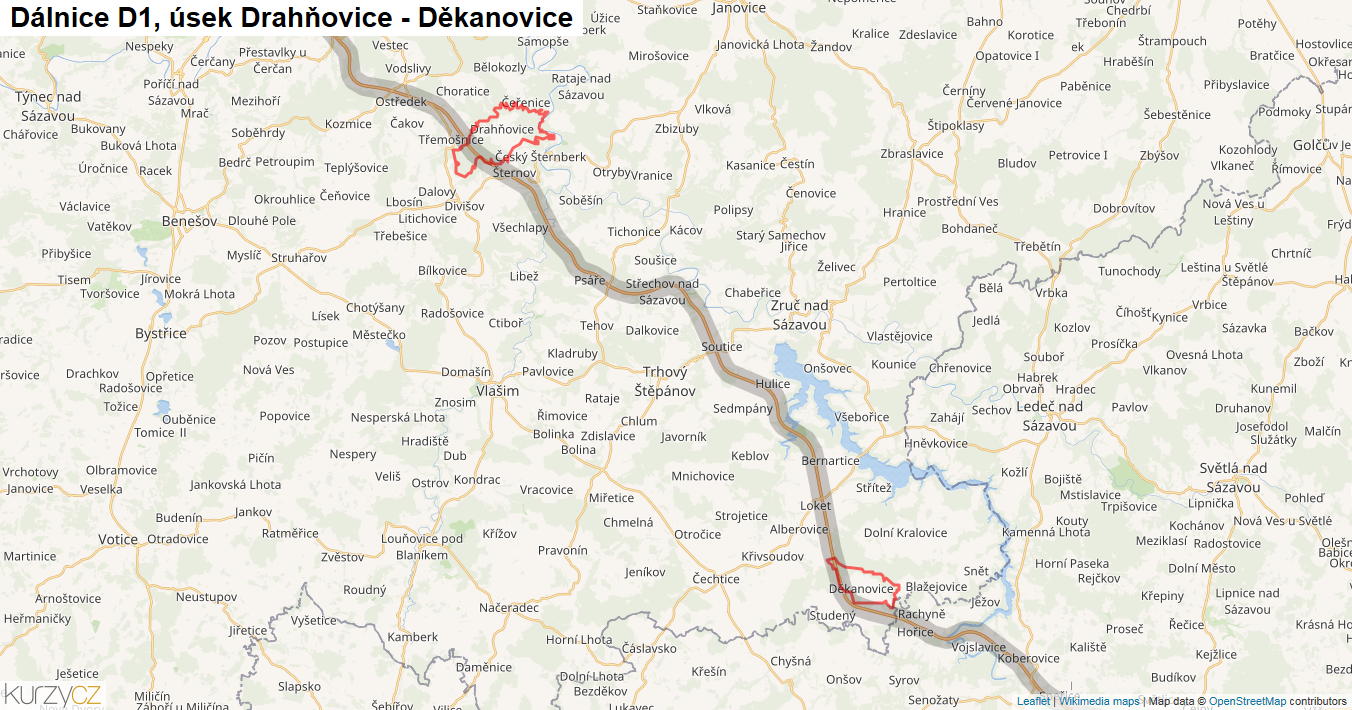 Úsek Drahňovice - Děkanovice, Dálnice D1 - Mapa