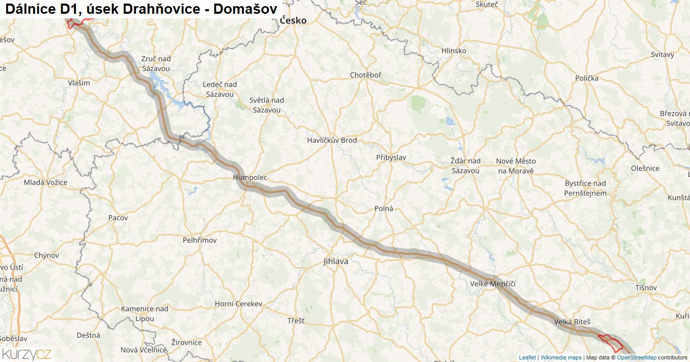 Úsek Drahňovice - Domašov, Dálnice D1 - Mapa