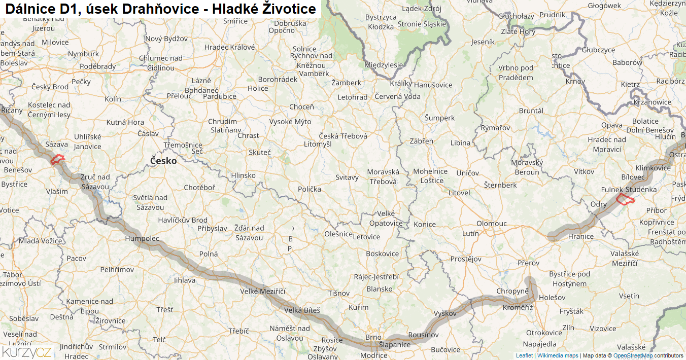 Úsek Drahňovice - Hladké Životice, Dálnice D1 - Mapa