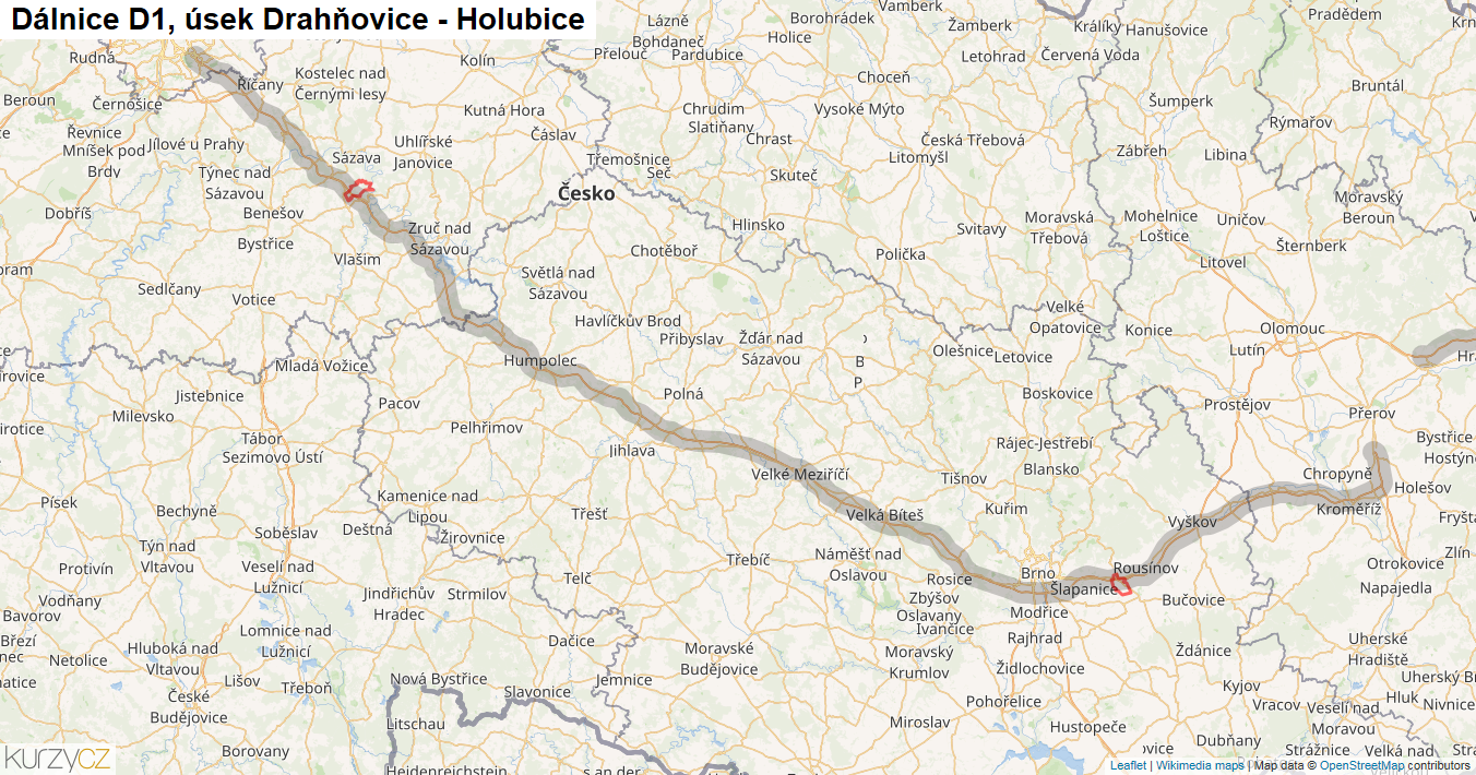 Úsek Drahňovice - Holubice, Dálnice D1 - Mapa
