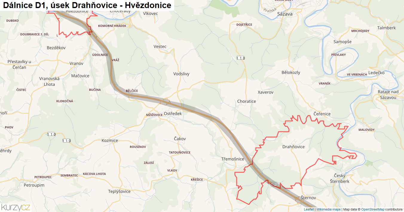 Úsek Drahňovice - Hvězdonice, Dálnice D1 - Mapa