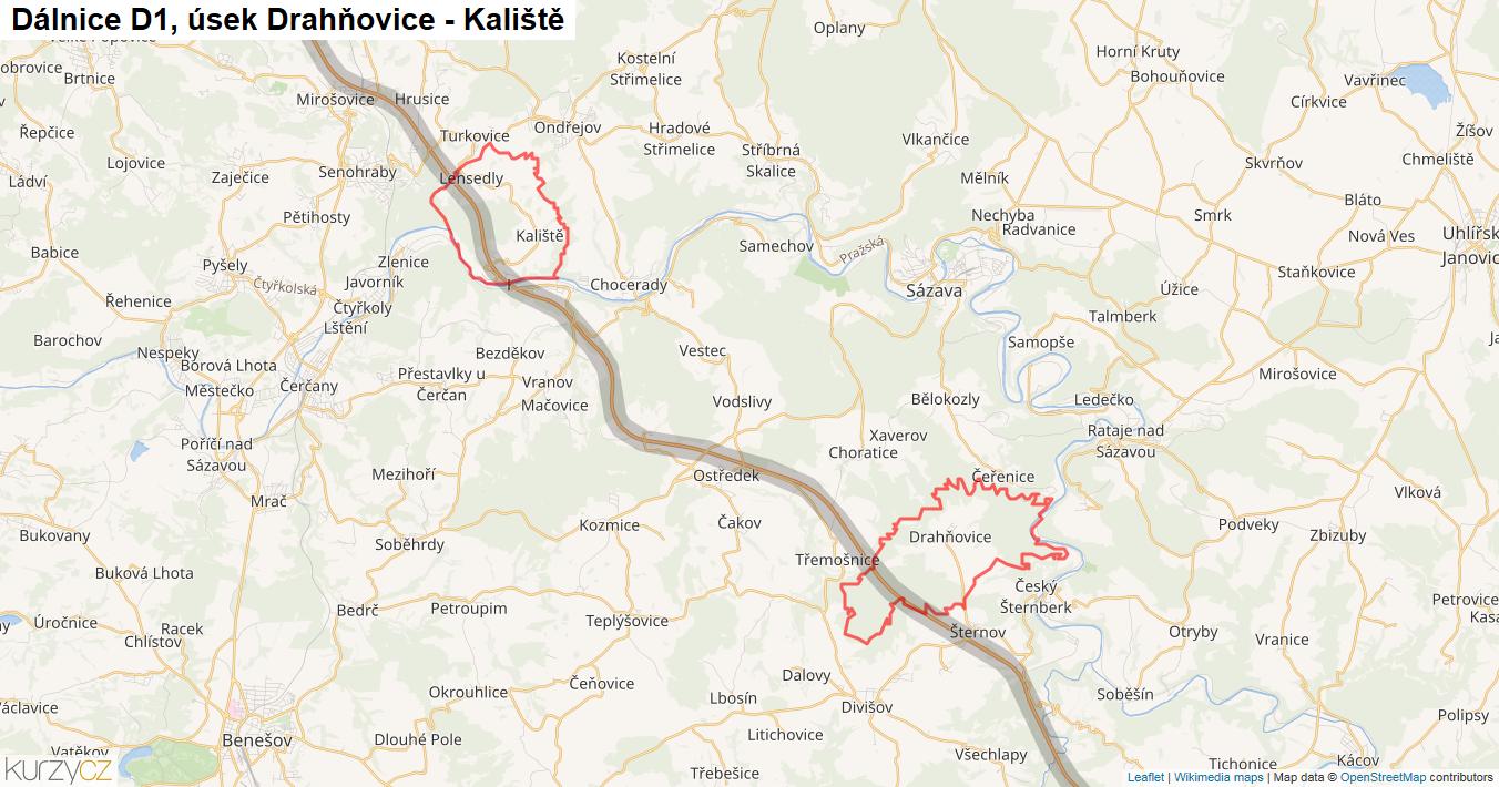 Úsek Drahňovice - Kaliště, Dálnice D1 - Mapa