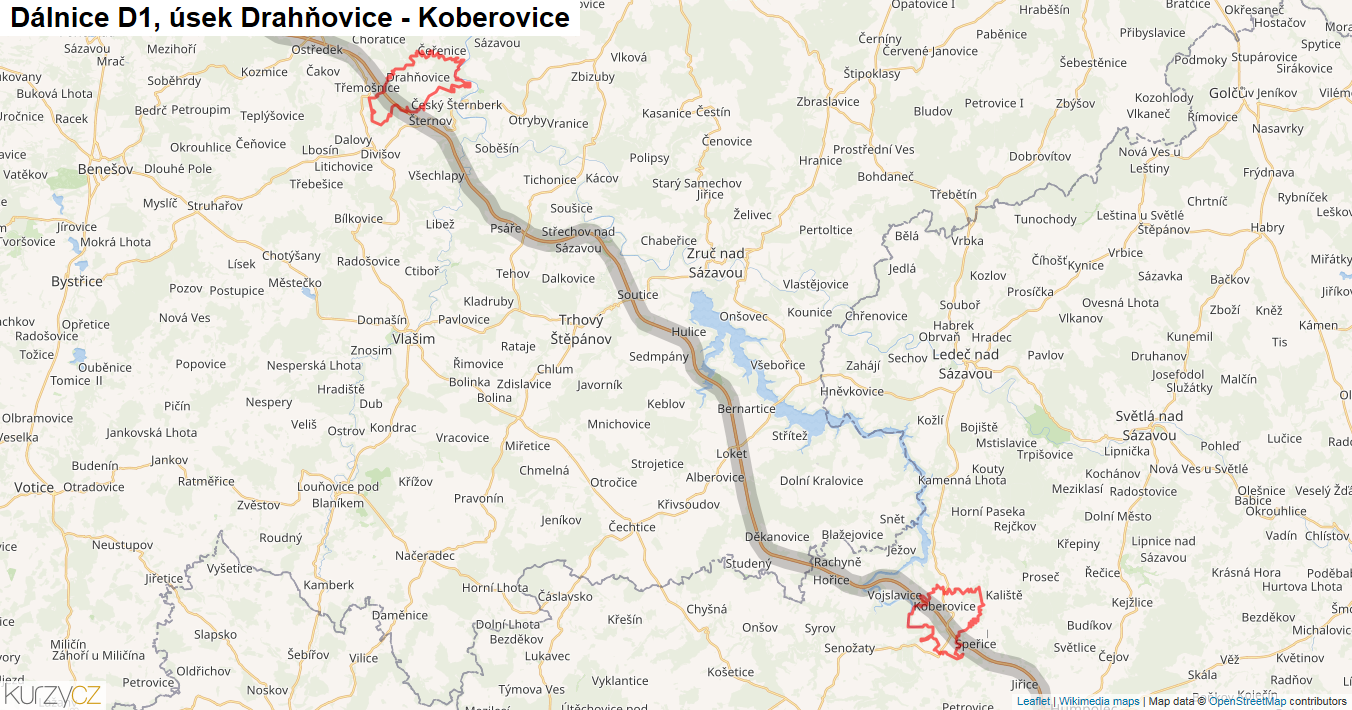 Úsek Drahňovice - Koberovice, Dálnice D1 - Mapa
