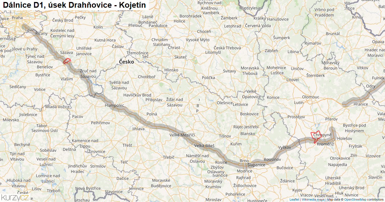 Úsek Drahňovice - Kojetín, Dálnice D1 - Mapa