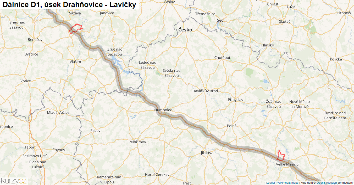 Úsek Drahňovice - Lavičky, Dálnice D1 - Mapa