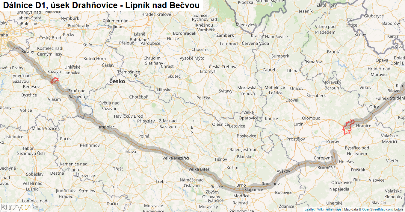 Úsek Drahňovice - Lipník nad Bečvou, Dálnice D1 - Mapa