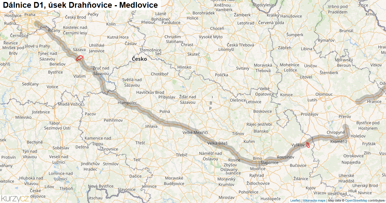 Úsek Drahňovice - Medlovice, Dálnice D1 - Mapa