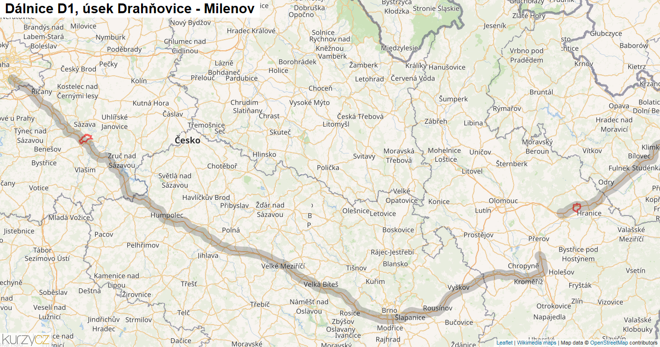 Úsek Drahňovice - Milenov, Dálnice D1 - Mapa
