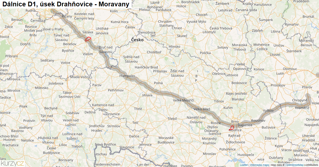 Úsek Drahňovice - Moravany, Dálnice D1 - Mapa