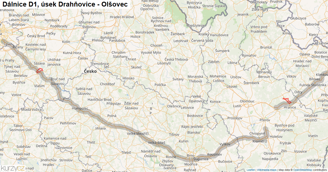 Úsek Drahňovice - Olšovec, Dálnice D1 - Mapa