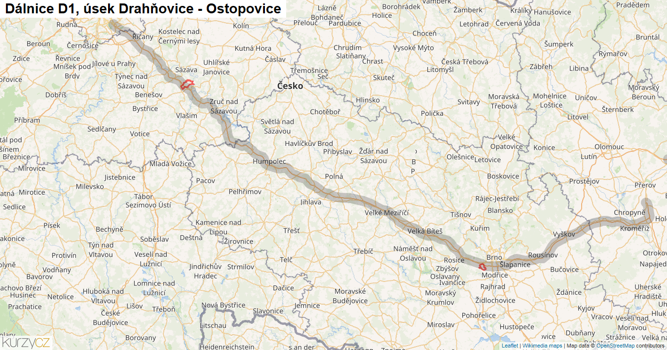Úsek Drahňovice - Ostopovice, Dálnice D1 - Mapa