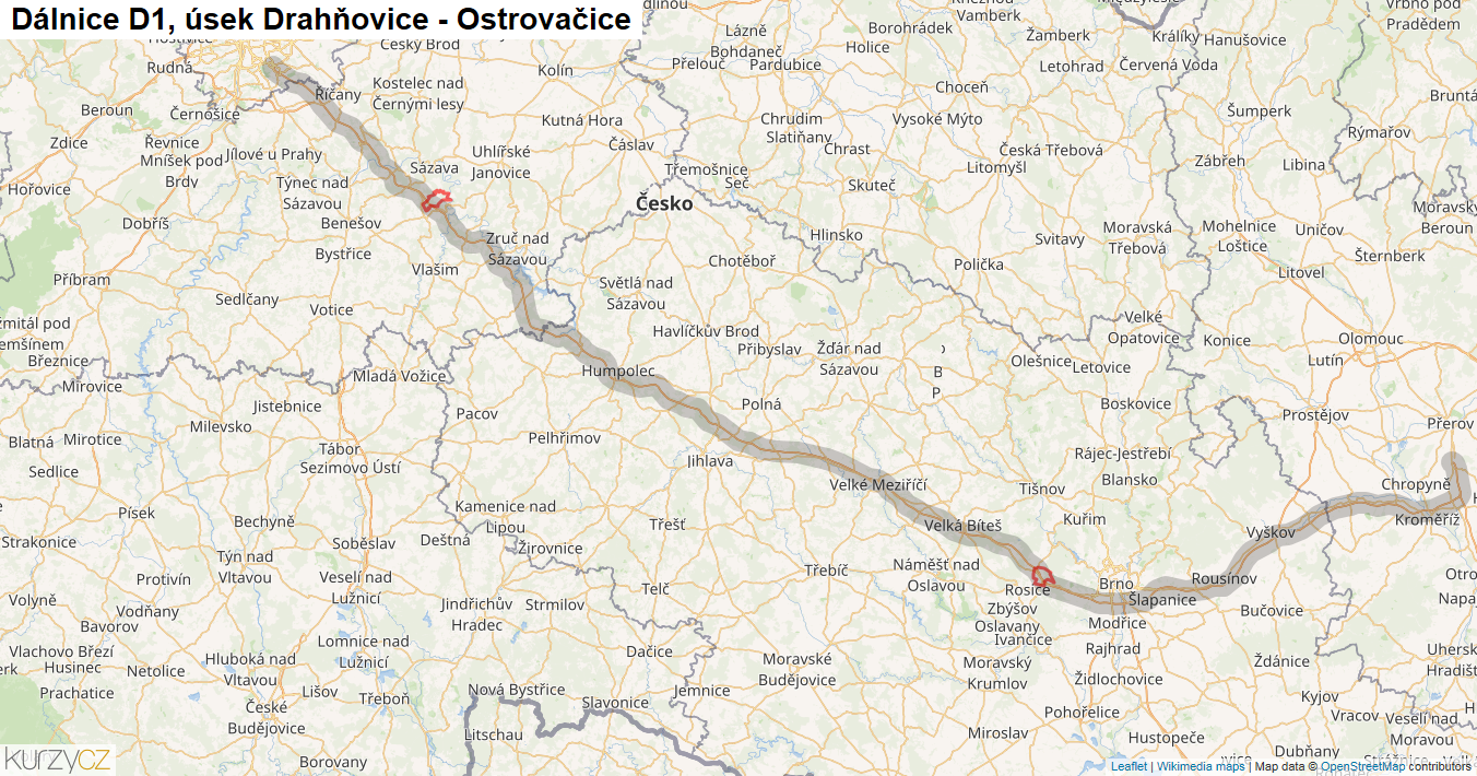 Úsek Drahňovice - Ostrovačice, Dálnice D1 - Mapa