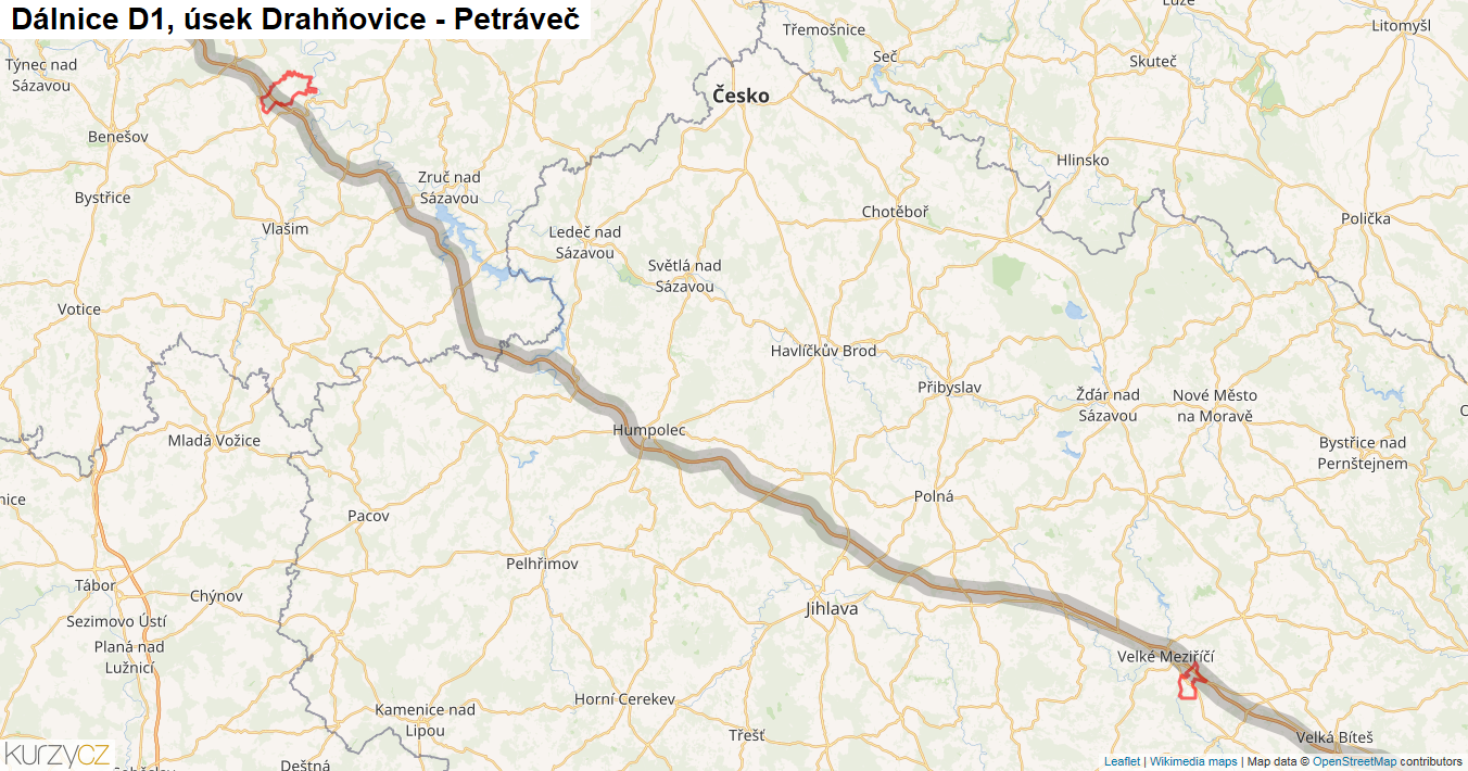 Úsek Drahňovice - Petráveč, Dálnice D1 - Mapa