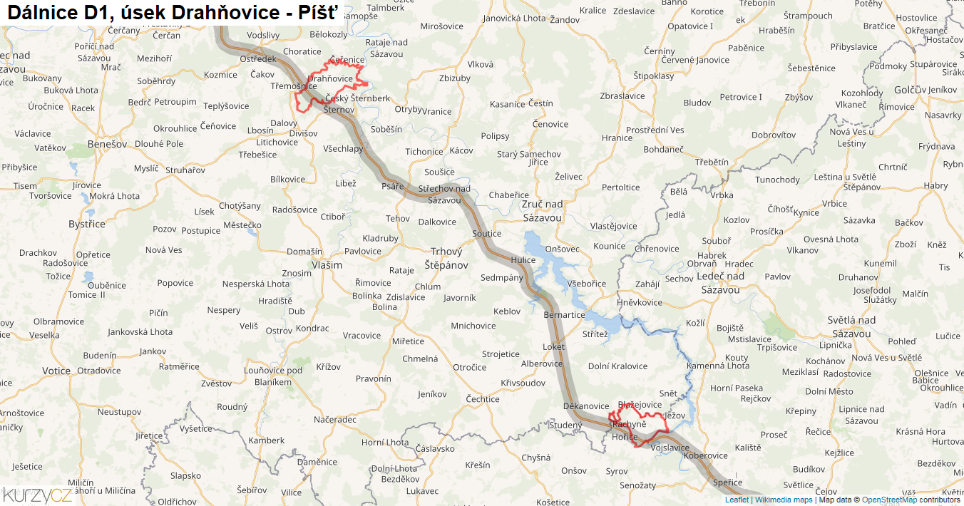 Úsek Drahňovice - Píšť, Dálnice D1 - Mapa