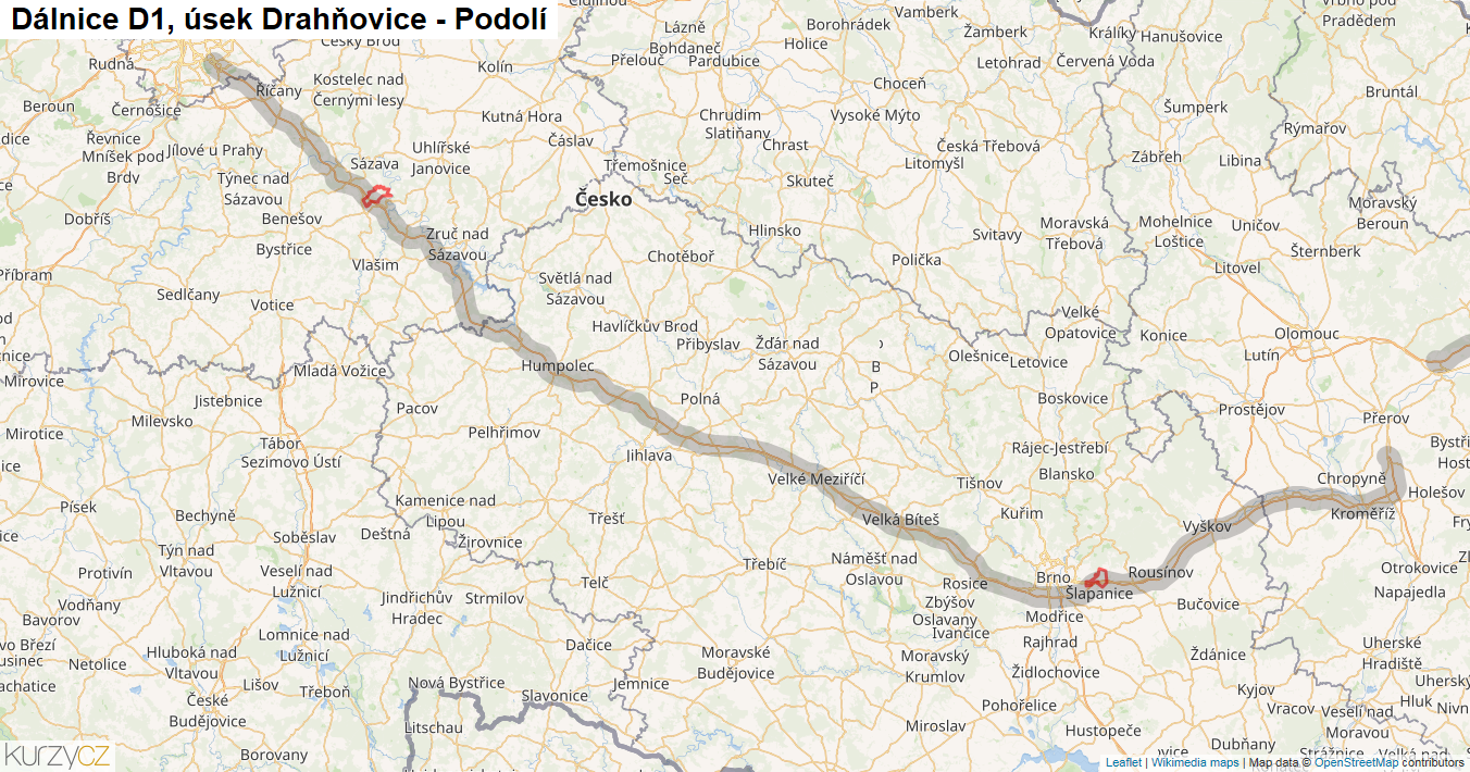 Úsek Drahňovice - Podolí, Dálnice D1 - Mapa