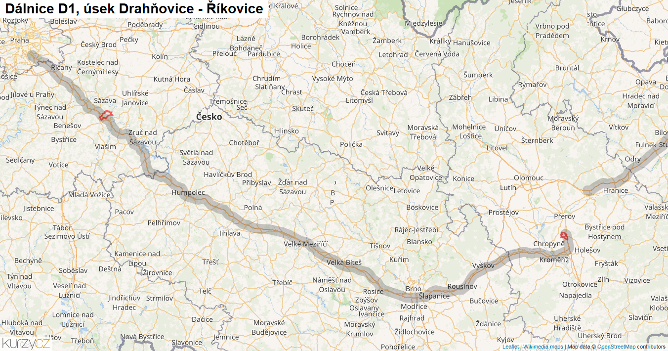Úsek Drahňovice - Říkovice, Dálnice D1 - Mapa