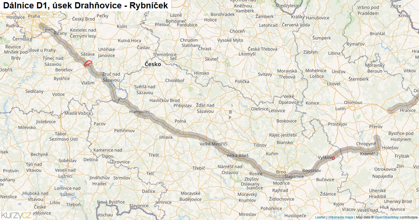 Úsek Drahňovice - Rybníček, Dálnice D1 - Mapa