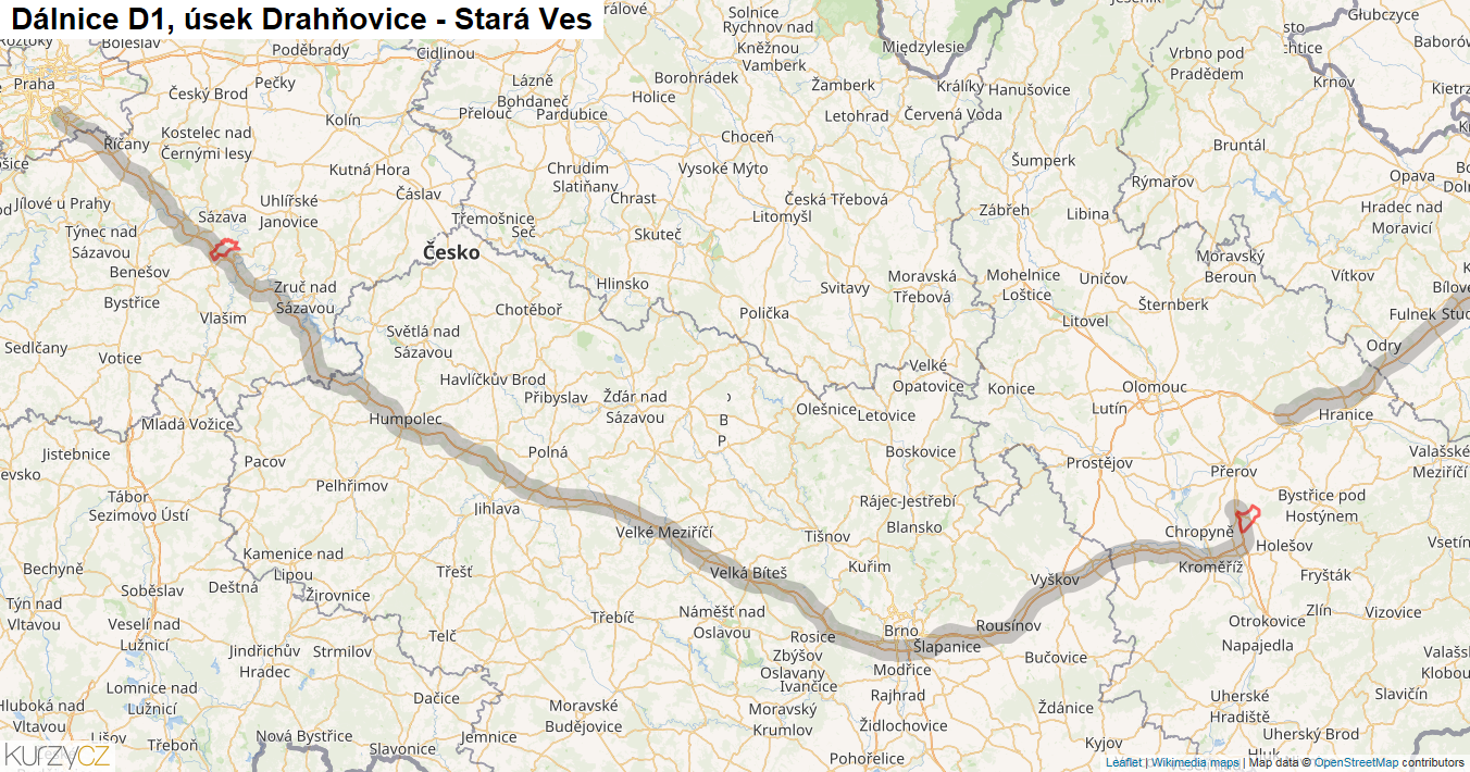 Úsek Drahňovice - Stará Ves, Dálnice D1 - Mapa