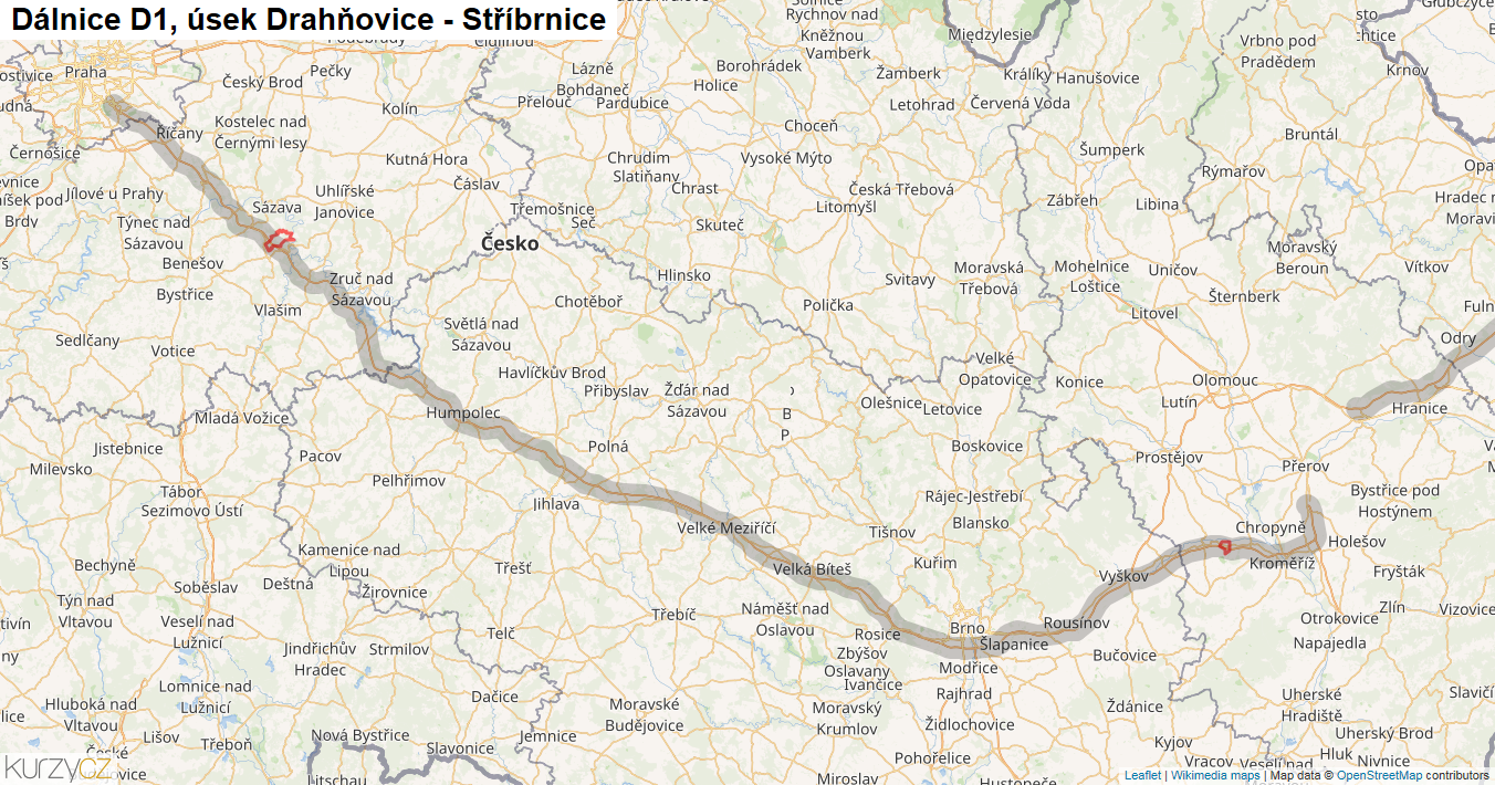 Úsek Drahňovice - Stříbrnice, Dálnice D1 - Mapa